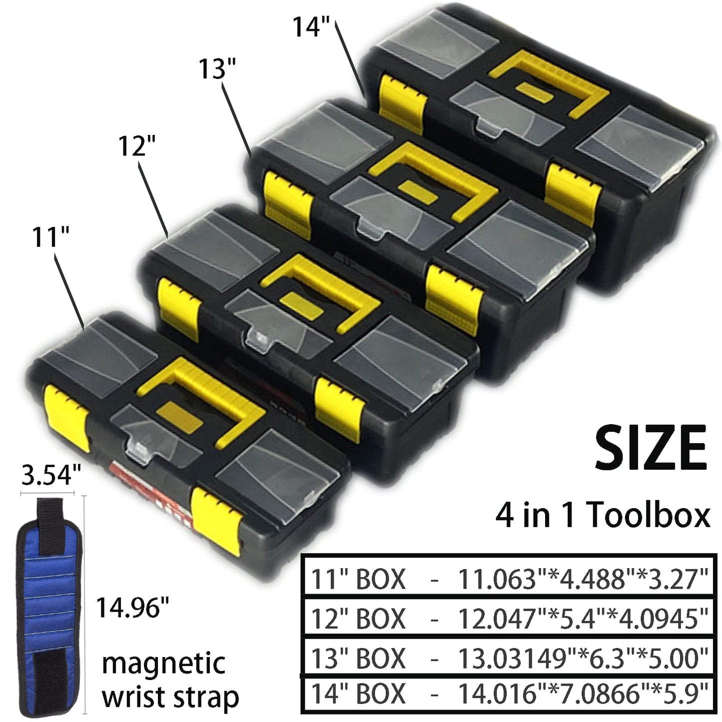 4-Piece Multifunctional Portable Storage Toolbox With Built-In Security Latch,Tray And Magnetic Wristband,Suitable For Home And Professional Repairers. (Size: 11"&12"&13"&14")