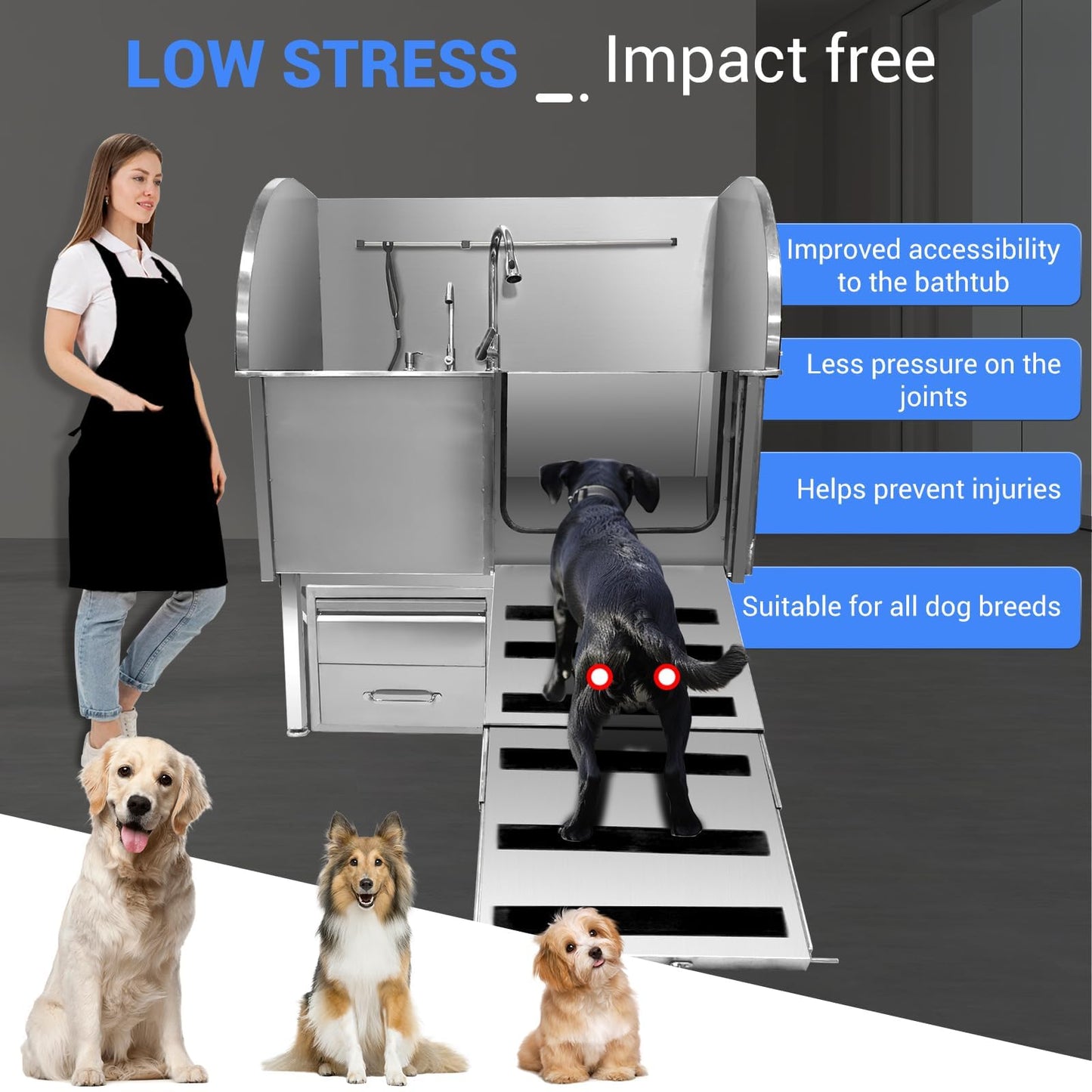 IDEALHOUSE 50" Dog Washing Station, Professional Stainless Steel Pet Dog Bathing Station with Ramp, Faucet, Storage Drawer, Floor Grate Dog Bathtub for Large, Medium, Small Pets (Right Ramp)