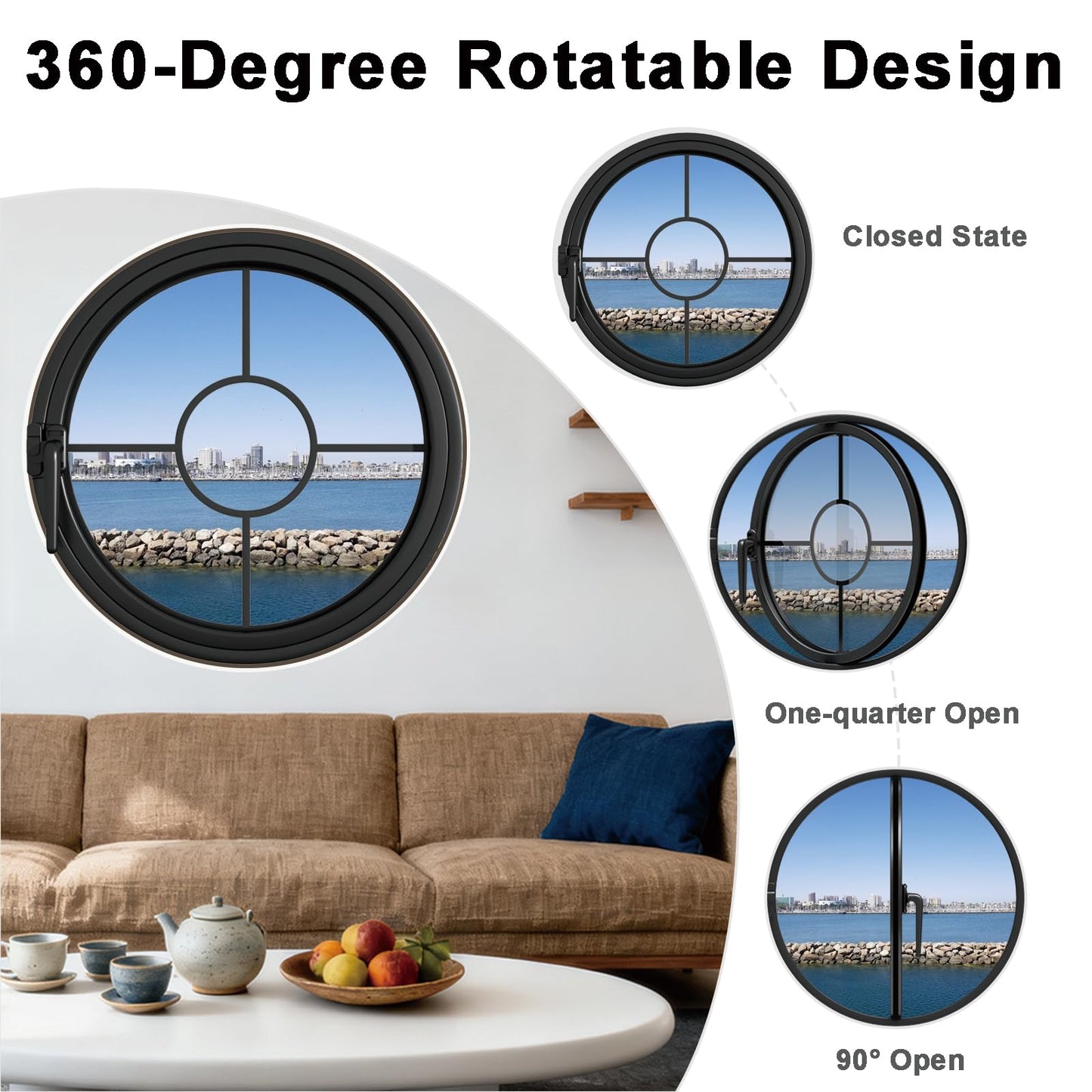 Clear Rotating Round Window, 23.6'' Porthole Window with Transparent Tempered Glass, Iron Frame Center-Pivot Window with Handle, Decor Ventilation Window for Indoor Outdoor Kitchen Office(Black)