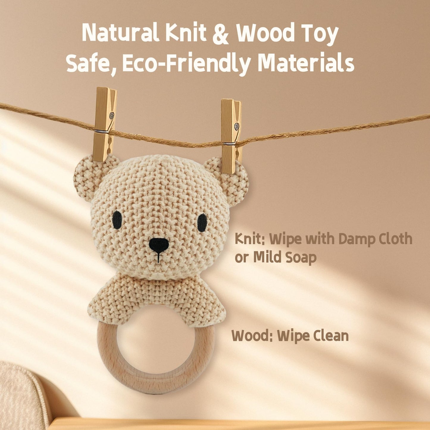 JUSTQUNSEEN Teddy Bear Baby Rattle Toy Hand Crochet Knitted Plush Stuffed Animal Teether Natural Wood Ring Cute Bear 6 Month Baby Gift Gentle Sound Shaker Newborn Infant Crib Soothing Sleep Aid Gift
