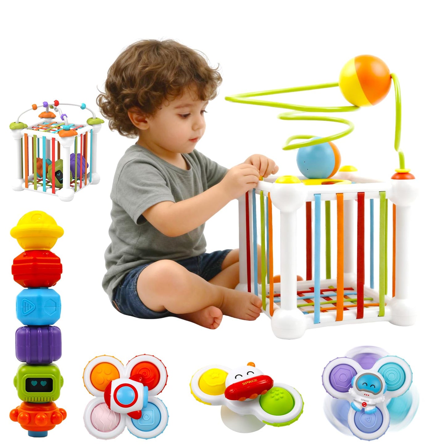 Fyxttalor Montessori Toys for Toddlers 18 Months+, 16PCS Baby Activity Cube with Shape Sorter, 3 Suction Cup Spinner Toys, 2 Bead Mazes, Ball Rolling Track, Developmental Learning Gifts for Boys Girls