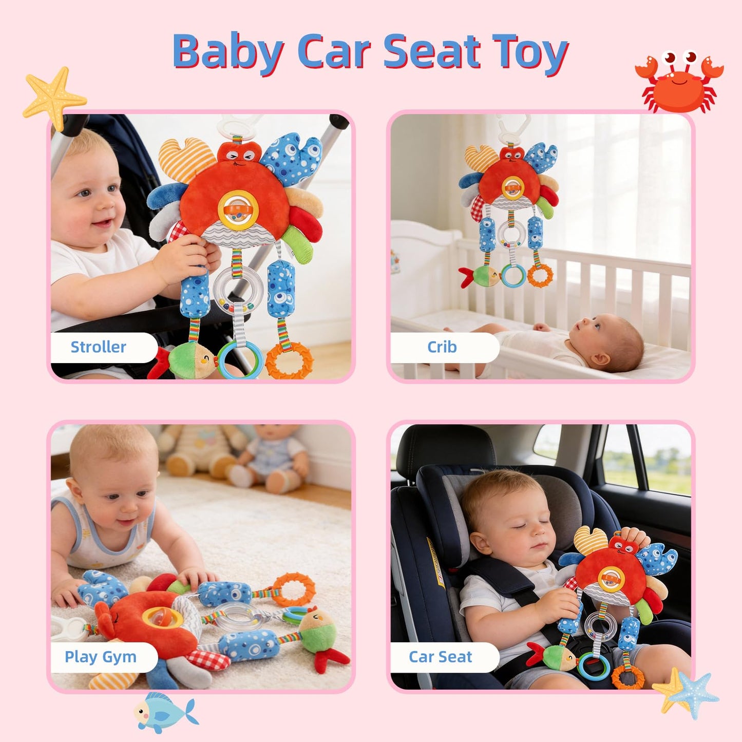 Baby Car Seat Toys with Clip- Travel Sensory Toys for 6 7 8 9 10 11 12 Months, Infant Roadtrip Soft Montessori Hanging Plush Toys Wind Chime, Teether, Rattle, Squeaky for Newborn Boy Girl Gifts