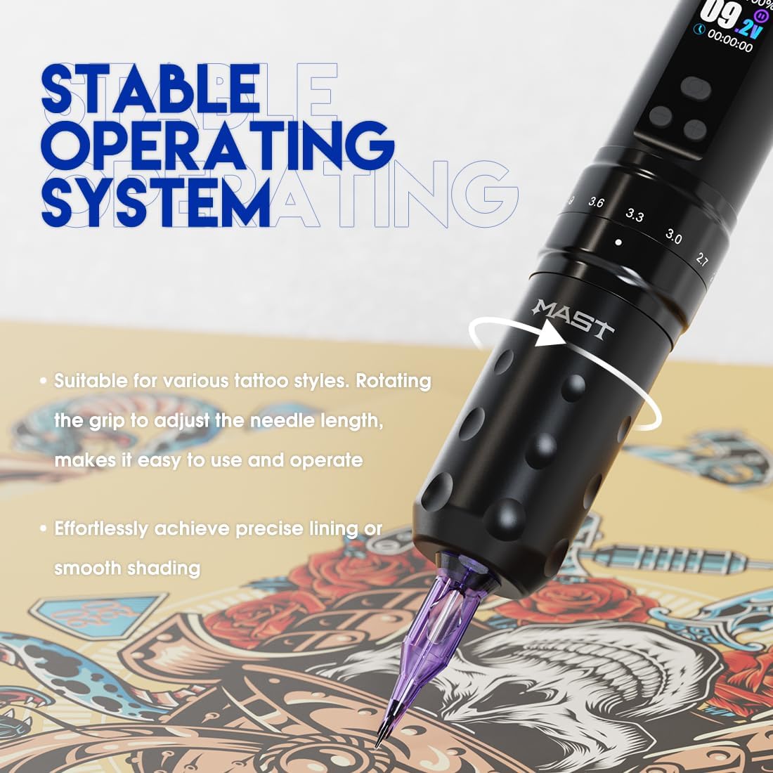 Mast Fold2 Pro Tattoo Gun, Wireless Rotary Tattoo Pen Machine, Real 7 Strokes Length, 2 Batteries 2,000mAh Power Supply Extra Battery, Mcore Tattoo Motor P-076