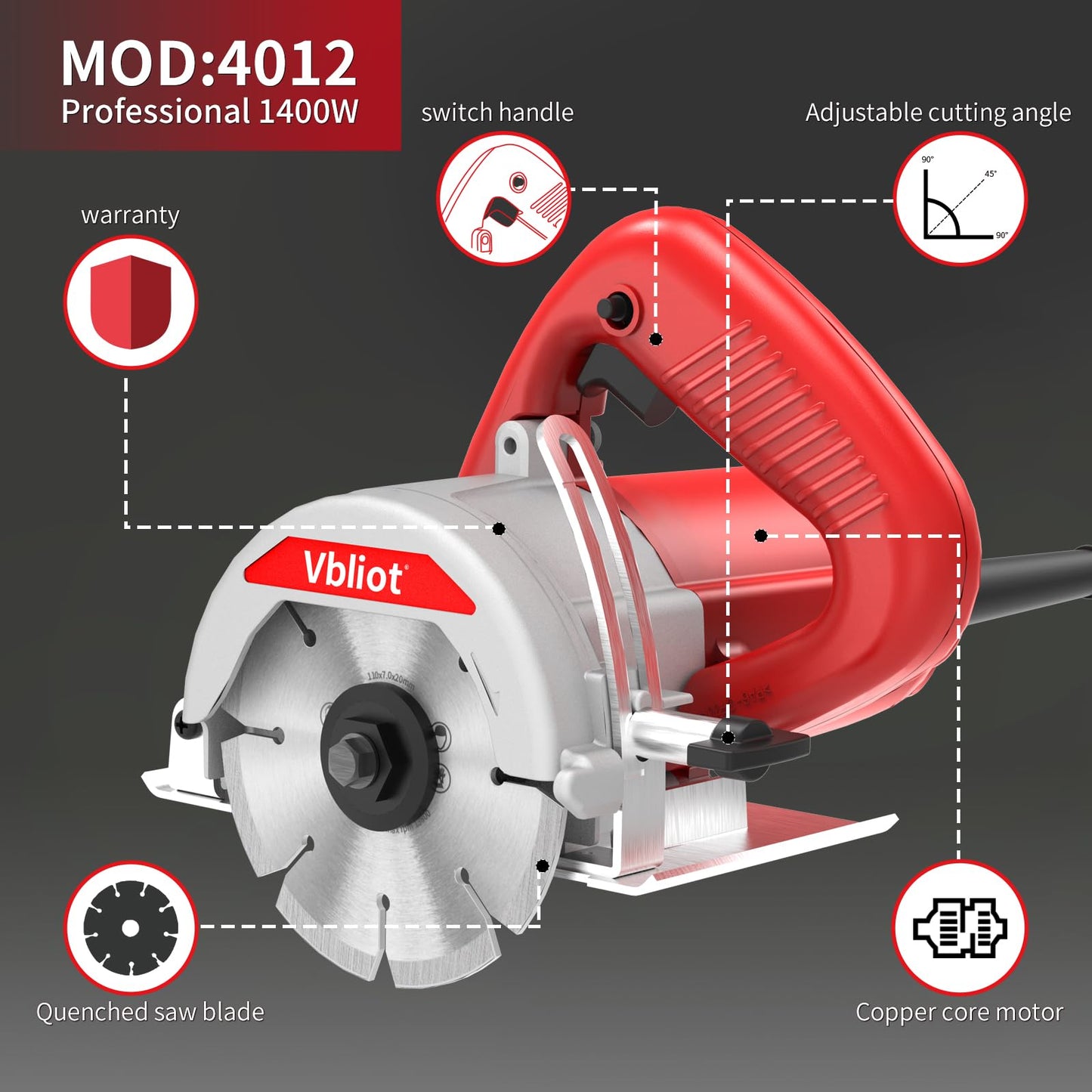 VBLIOT 4-3/8-Inch Tile Saw, 1400W 12A Concrete Wet Saw Handheld Cutting Carving Machine, Includes Carbon Brush Wrench Diamond Cutting Disc