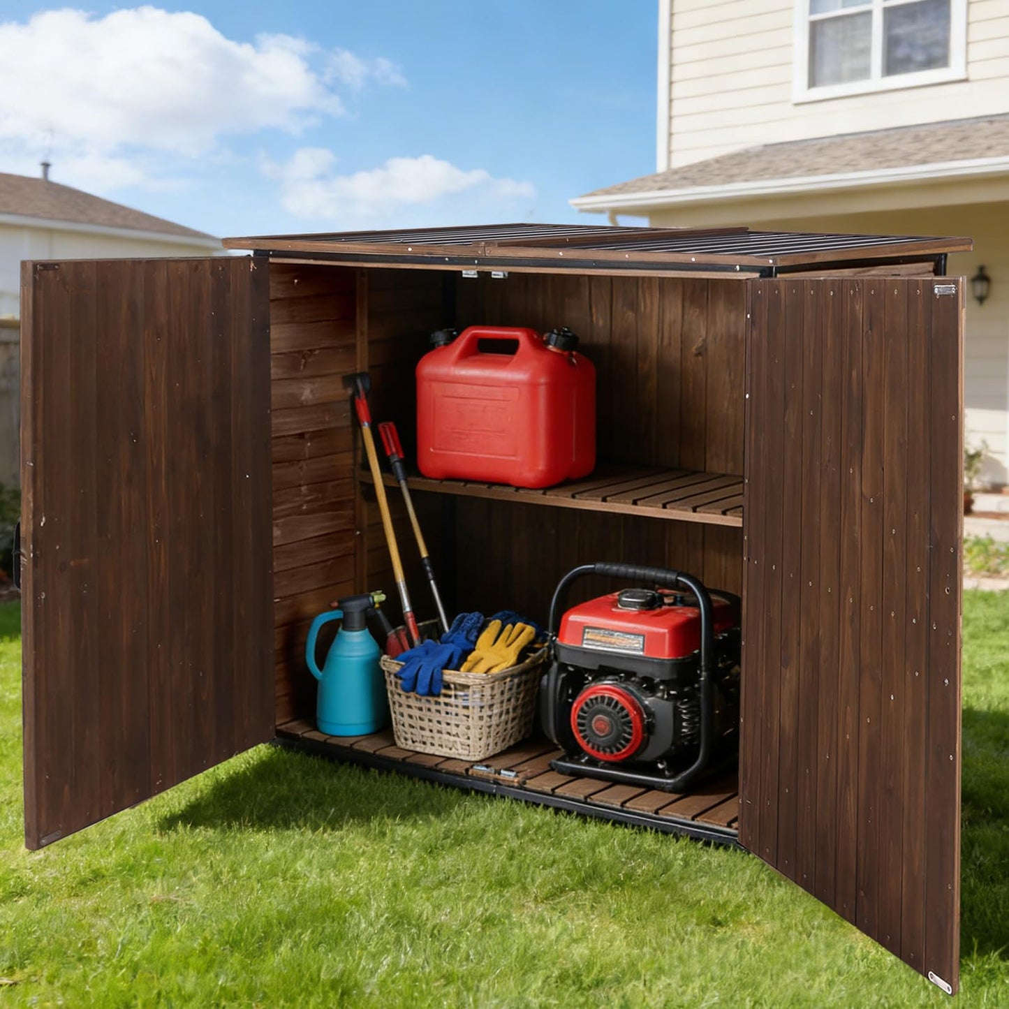 Joyqinchen Outdoor Storage Shed with Strong Metal Frame, Wooden Garden Sheds with Adjustable Shelves and Removable Floor, Weatherproof Outdoor Trash Can Shed, Horizontal Storage Cabinet for Patio