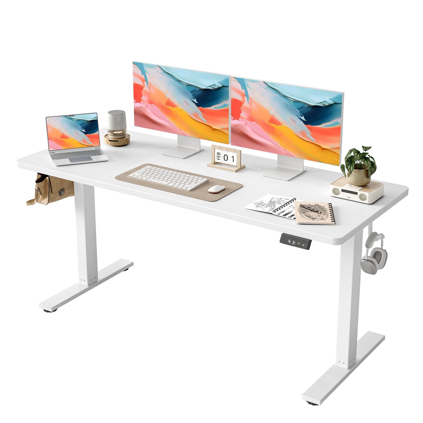 TIQLAB Standing Desk 63 x 24 inch, Electric Height Adjustable with Splice Board, Sit Stand Desk, for Home Office, White