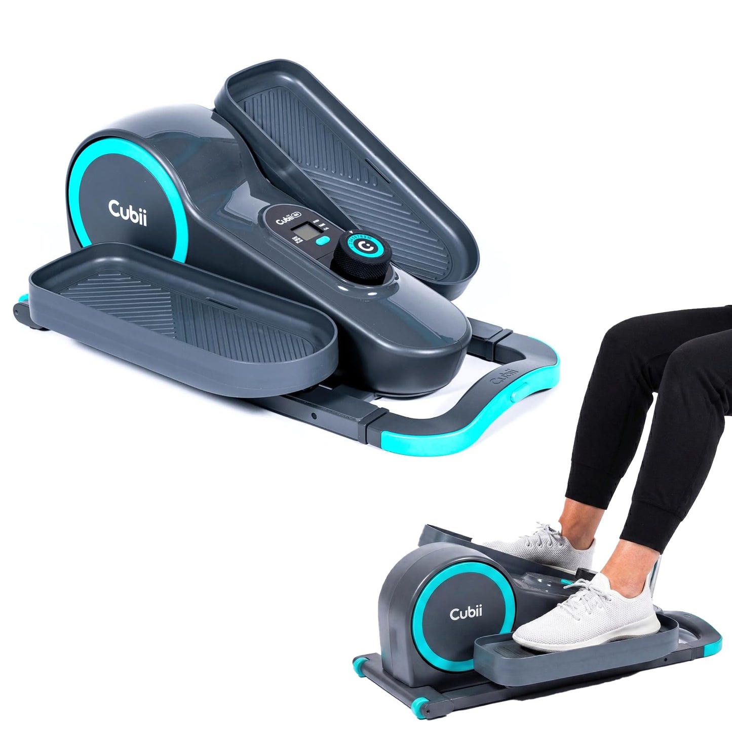 Cubii GO Aqua - Compact Whisper Quiet Under Desk Elliptical with LCD Monitor, Adjustable Resistance, Portable Design with Telescopic Handle & Wheels