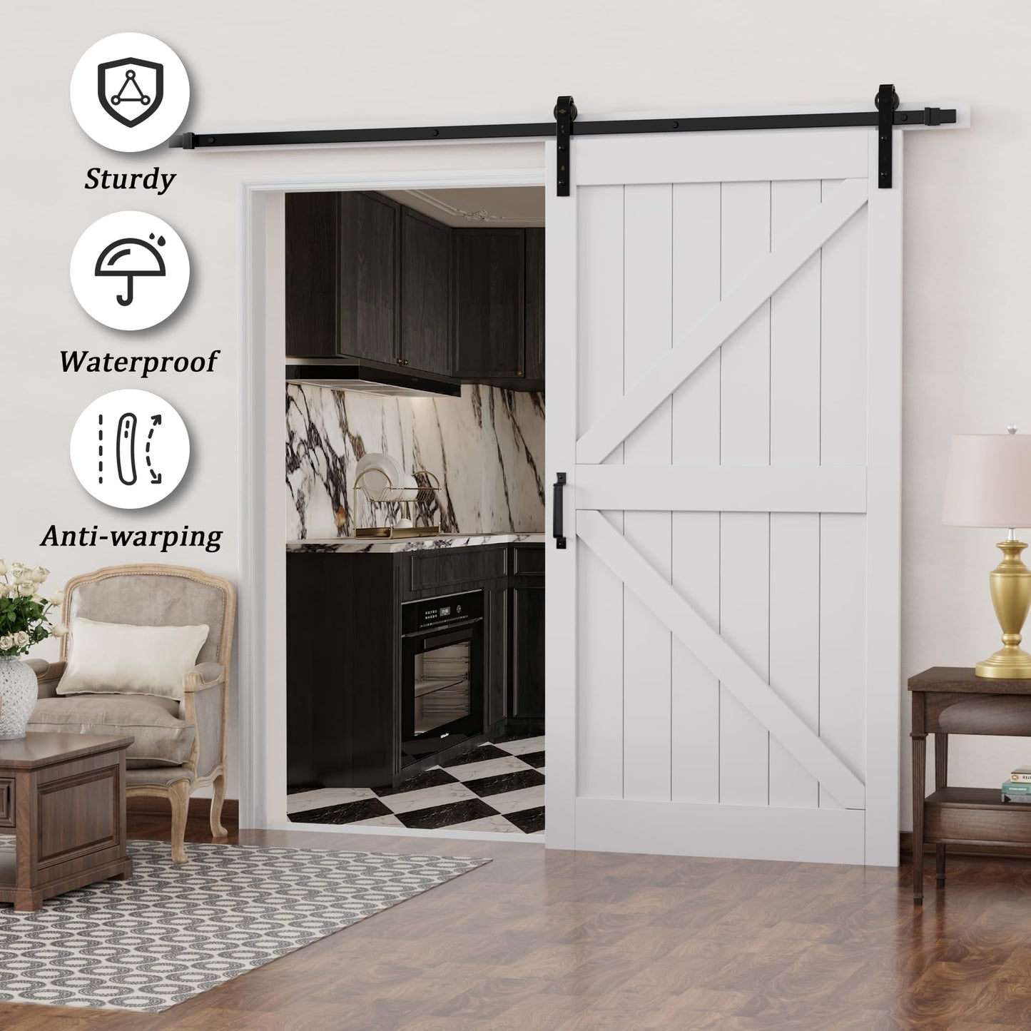 JUJUBON 42in x 84in Sliding Barn Door with 7FT Barn Doors Hardware Track Kit Included, Heavy Solid Water-Resistant Anti-Scratch MDF Wood Barn Door, Simple DIY Assembly, Easy to Install, K-Frame, White