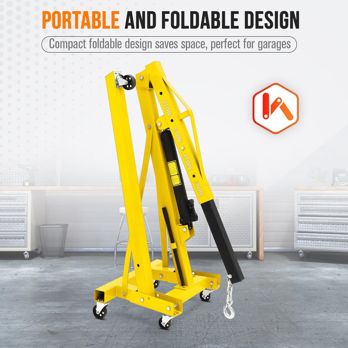 2-Ton Folding Engine Hoist, 4400 Lbs Capacity Hydraulic Shop Crane with 6 Casters, Portable Foldable Cherry Picker for Garage, Workshop, Warehouse, Heavy-Duty, Yellow