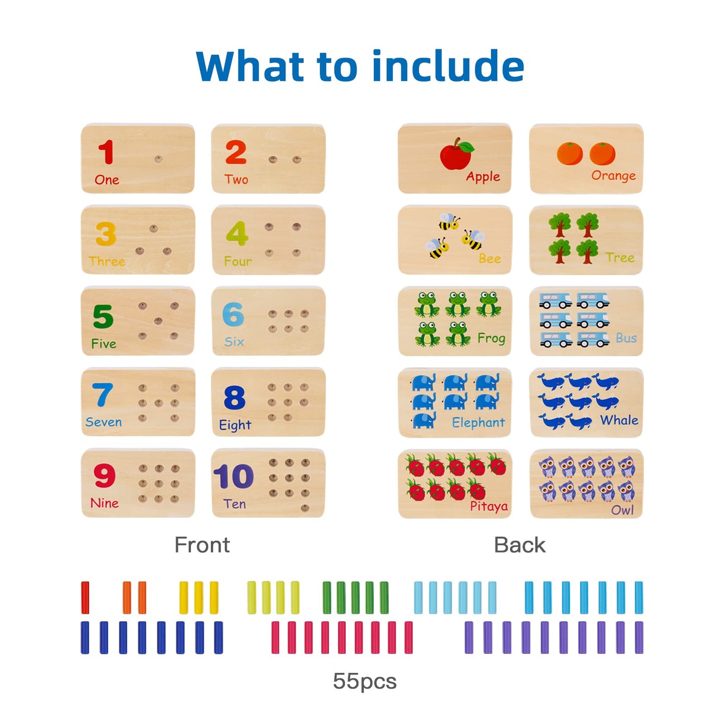 TOOKYLAND Peg Board Toddler Toys, Counting Wooden Toys with 55 Pegs, Wooden Math Manipulatives,Montessori Math and Numbers for Kids & Kindergarten Learning Activities