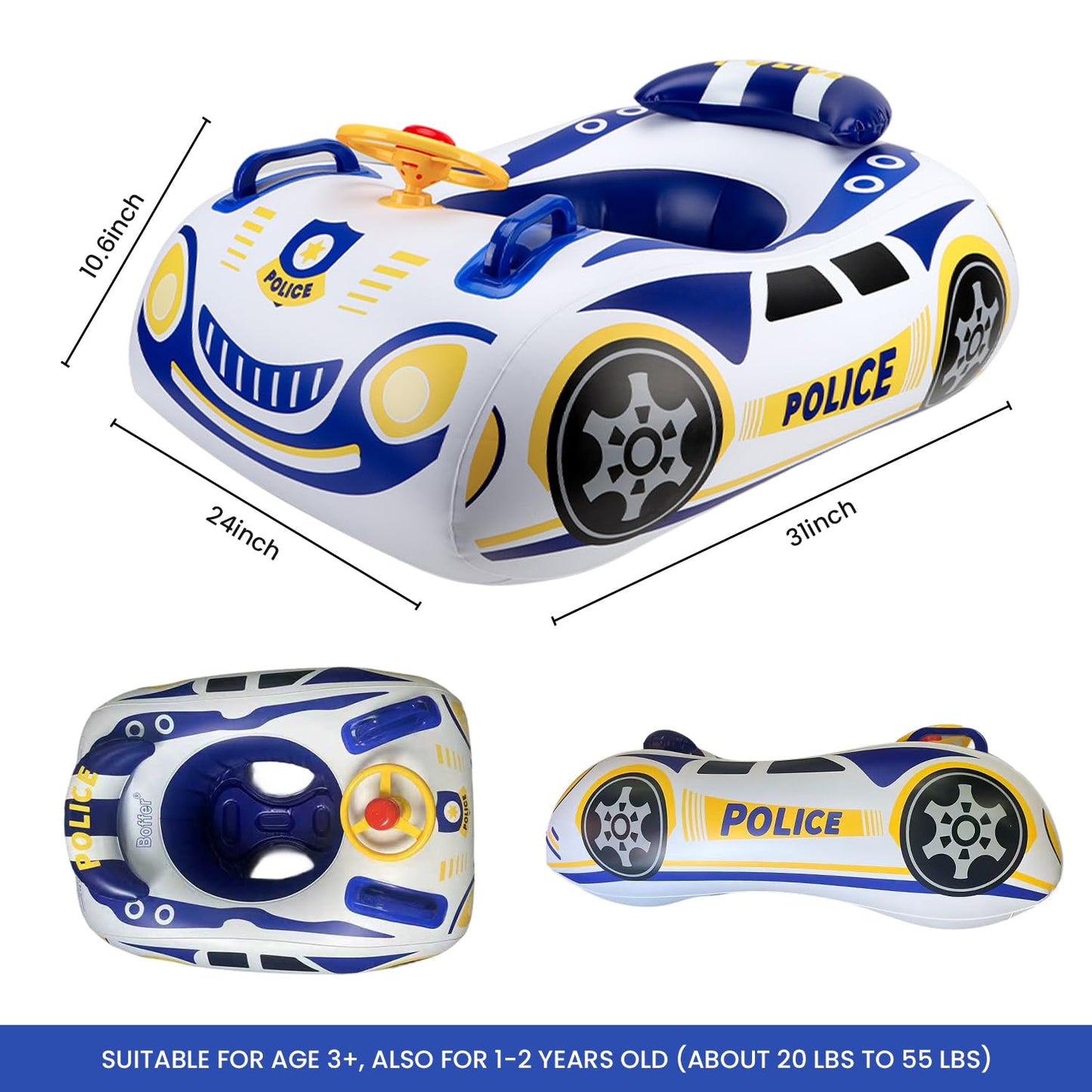 Police Car Toddler Pool Float, Inflatable Baby Pool Floaties, Baby Swim Floats with Handle and Safety Seat Pool Floatie Toys for Boys Girls Kids 1, 2, 3, 4, 5 Years Old (Blue Yellow)