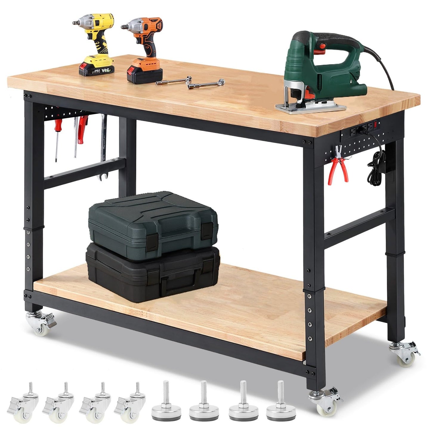 ENJOYWOOD Workbench for Garage with Wheels 60 x 22 Inch Heavy Duty Rubberwood Tabletop Work Table with Under Table Shelf, Pegboard, Power Outlets for Woodworking Shop Home Office