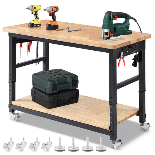 ENJOYWOOD Workbench for Garage with Wheels 60 x 22 Inch Heavy Duty Rubberwood Tabletop Work Table with Under Table Shelf, Pegboard, Power Outlets for Woodworking Shop Home Office