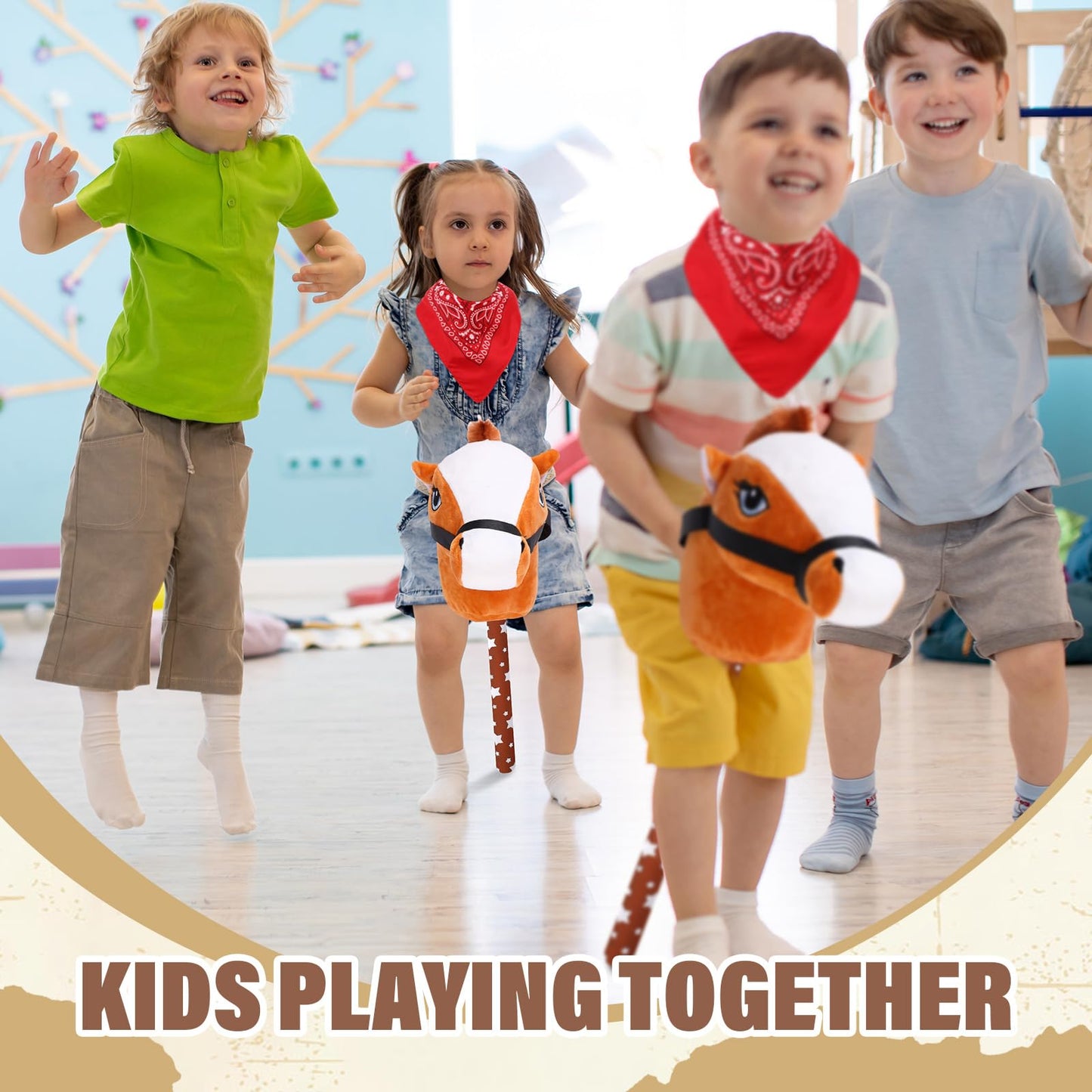 Poen 4 Pack Light Brown Horse Stick with Sound Red Bandana Set 27.6'' Toys Stick Horse Western Cowboy Bandana Head with Neighing Sound for Boys Girls Fun Pretend Games Son Daughter(Brown and Red)