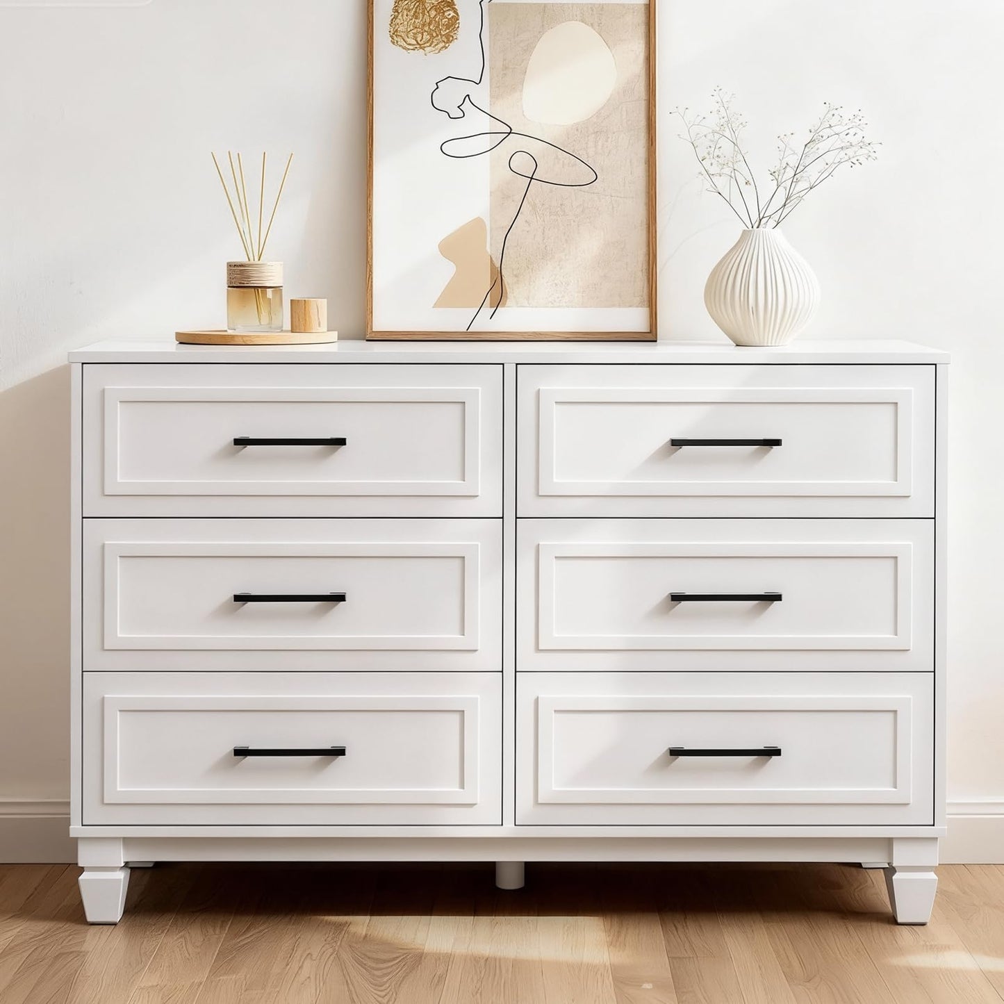 BERRY NEST Farmhouse 6 Drawers Dresser for Bedroom, White Dressers with Unique Solid Wood Legs, Modern Wide Chest Dressers for Clothes, Closet, Living Room