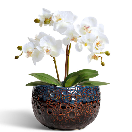 Thirtypot 6 Inch Plant Pot - Ceramic Pots for Indoor Outdoor Plants, Round Decorative Planters with Drainage Hole and Plug, Unique Flower Pots, Home Office Decor, Gardening Gifts for Women, Brown-blue