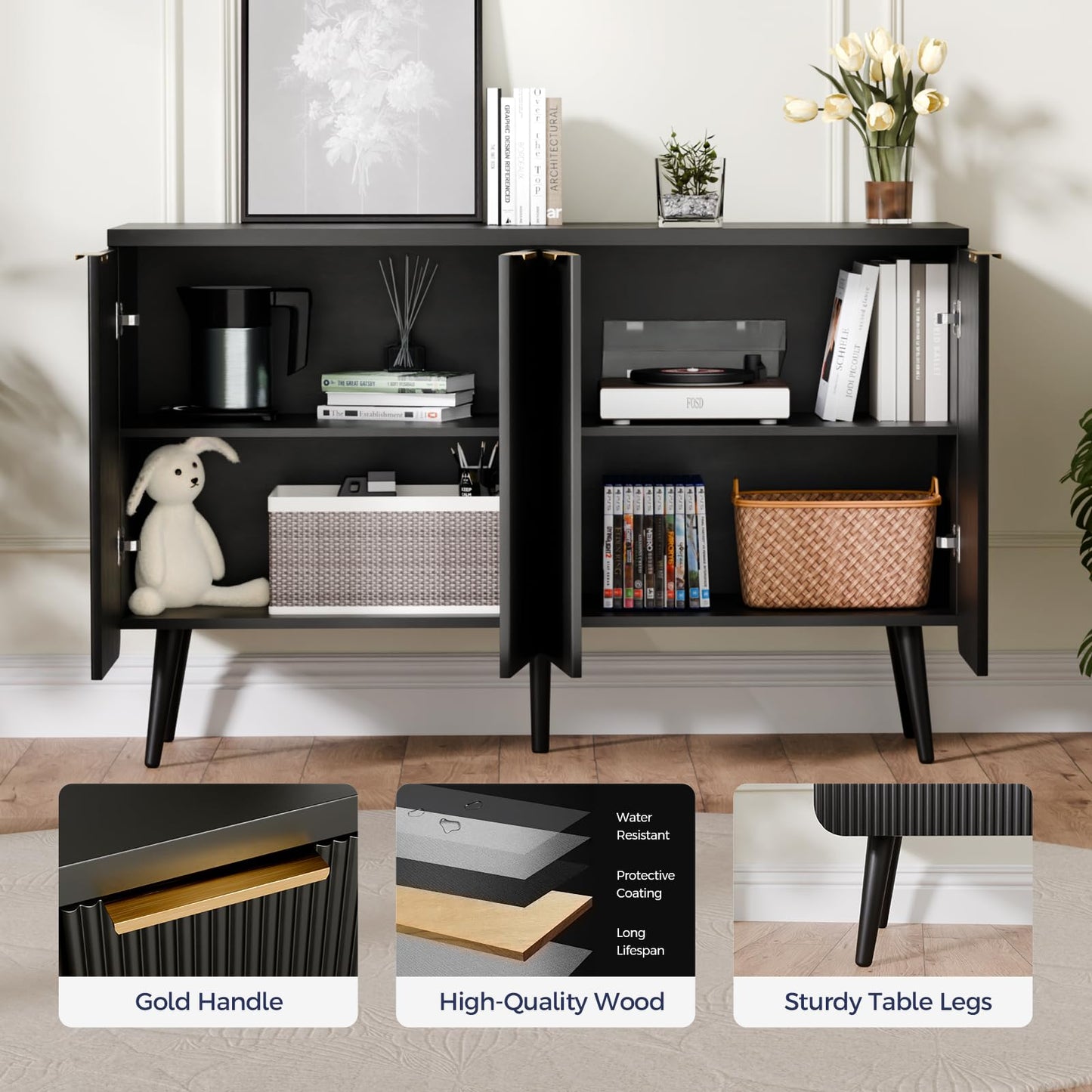 Trygoal 47.2" Wood Fluted Sideboard with 4 Doors, Modern Buffet Cabinet with Shelves, Multi-Space Storage Credenza Kitchen for Entryway, Dining & Living Room, Black
