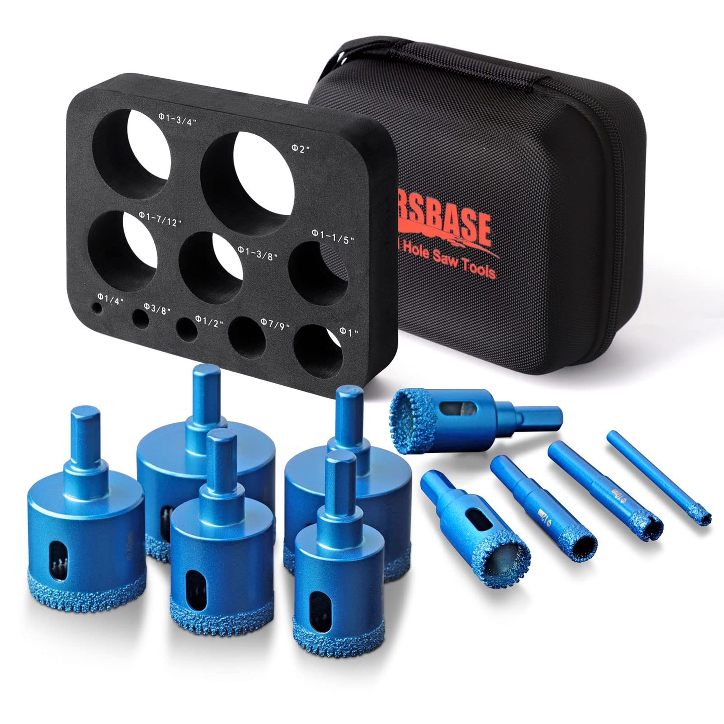 MARSBASE Diamond Hole Saw Tile Drill Bits Kit, 10 PCS Serrated Brazing Tile Core Drill Bits Sets with EVA Hole Saw Guide Jig Hollow Drill Hole Saw for Ceramic, Glass,Tile,Gypsum,Wood Marble,Granite