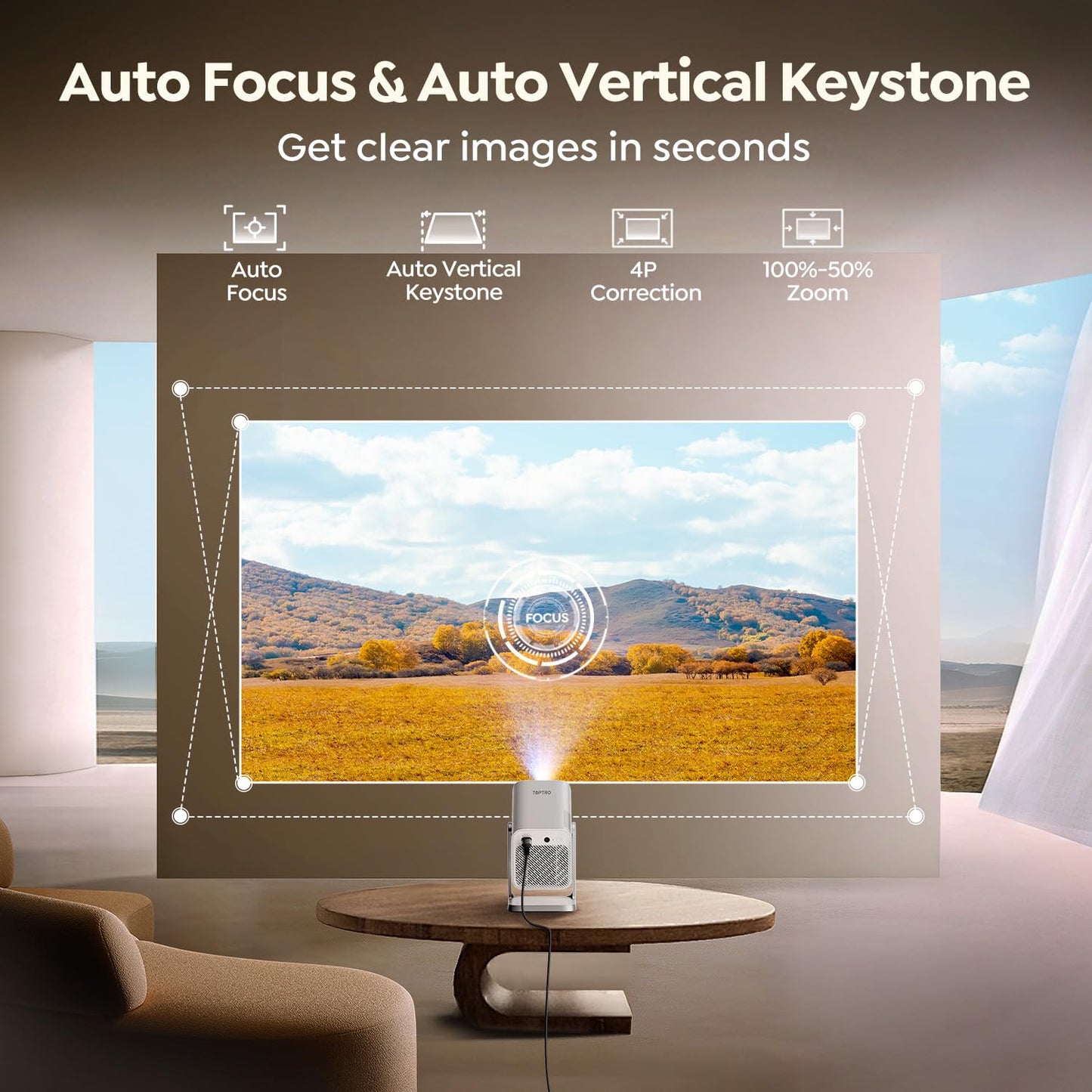 [4K Support/Auto Focus/360°Adjustable Stand]Smart-Projector-4K with WiFi 6 and Bluetooth5.2, Native 1080P Mini Portable Projector, Dolby Audio, TOPTRO Outdoor Movie Proyector Compatible with Netflix