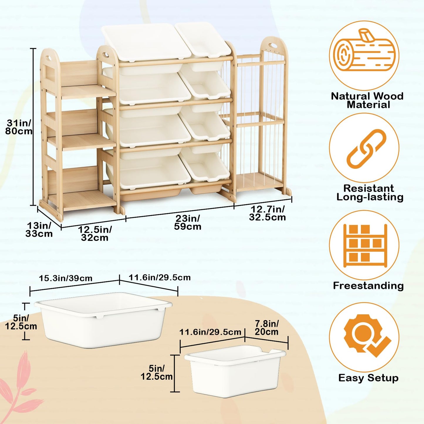 Wooden Toy Storage Organizer, Toy Organizers & Storage with Stuffed Animal Storage, Toy Storage Shelf with 3 Shelves, 8 Storage Bins, Kids Bookshelf, Toy Holder for Toddler Rooms, Playrooms, Bedrooms