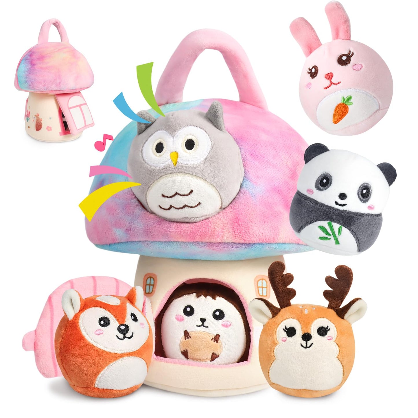 GUZROK Interactive Plush Mushroom House Playset with 6 Stuffed Animal Toys – Soft Sensory Toy for Babies & Toddlers, Montessori Learning Plush with Crinkle Sounds – Portable Gift for Boys & Girls