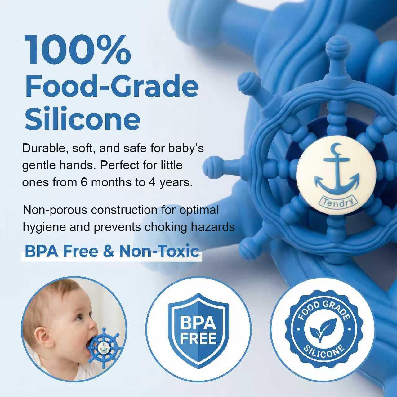 Baby Suction Spinner Toys for Bathtub, Silicone Toddler Bath & High Chair Toys for 1 Year Old Boy/Girl Birthday Gift, Interactive Ship Steering Wheel InfantToy for Car Window Travel-Blue