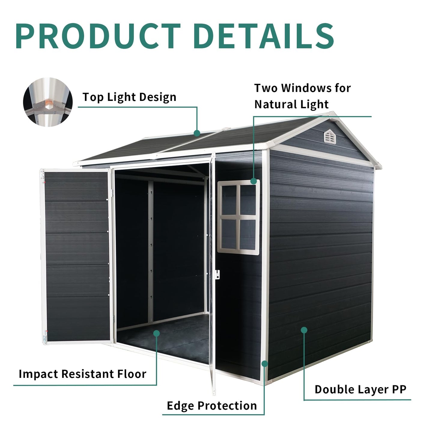 KEIKI 8x4FT Outdoor Resin Garden Shed with Floor and 2 Windows, Waterproof Plastic Tool Storage with Lockable Door for Garden Tools, Bicycles, Trash Cans, Black