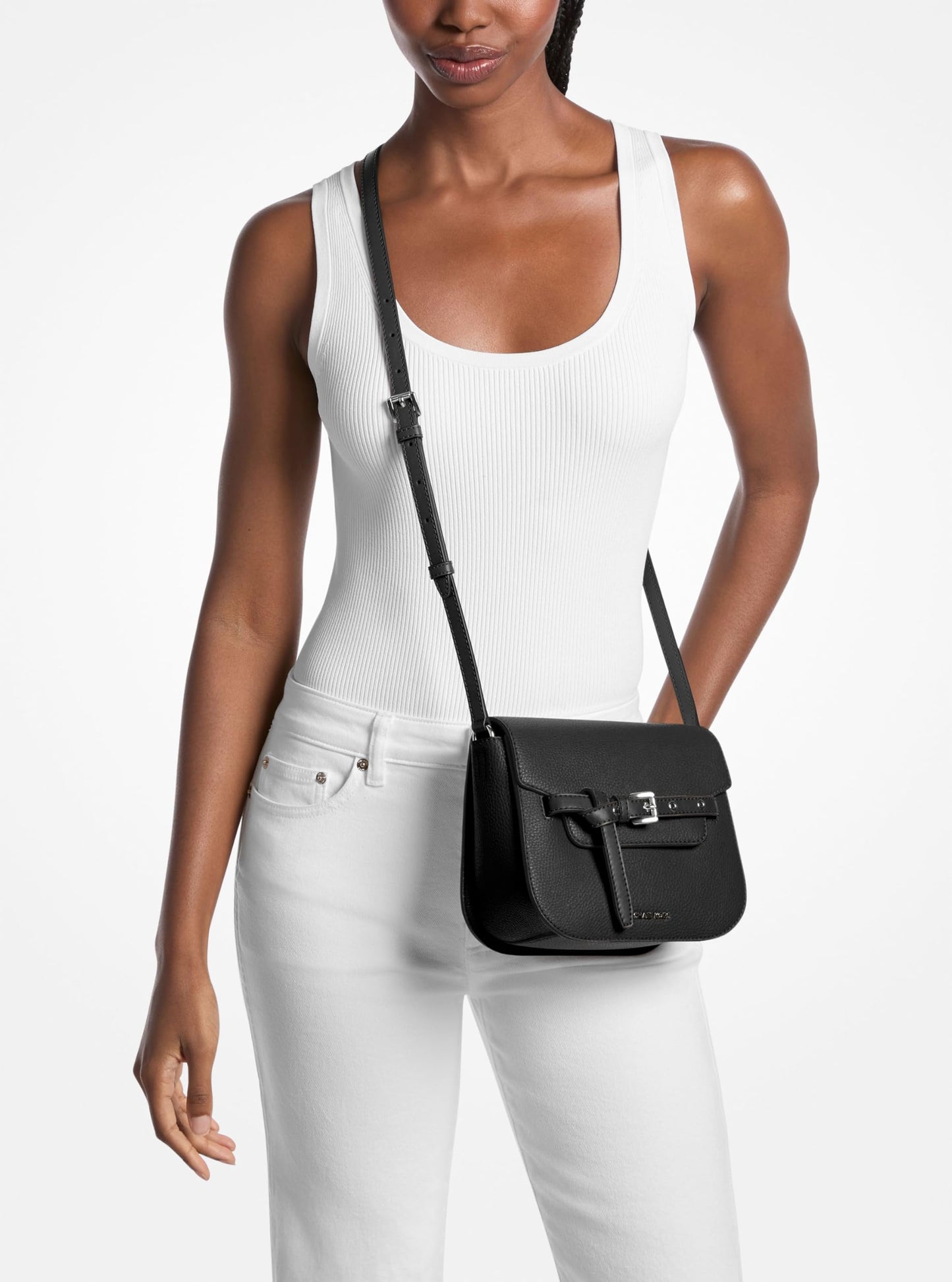 Michael Kors Women's Emilia Small Saddle Crossbody Bag, Black/Pebbled Leather, One Size