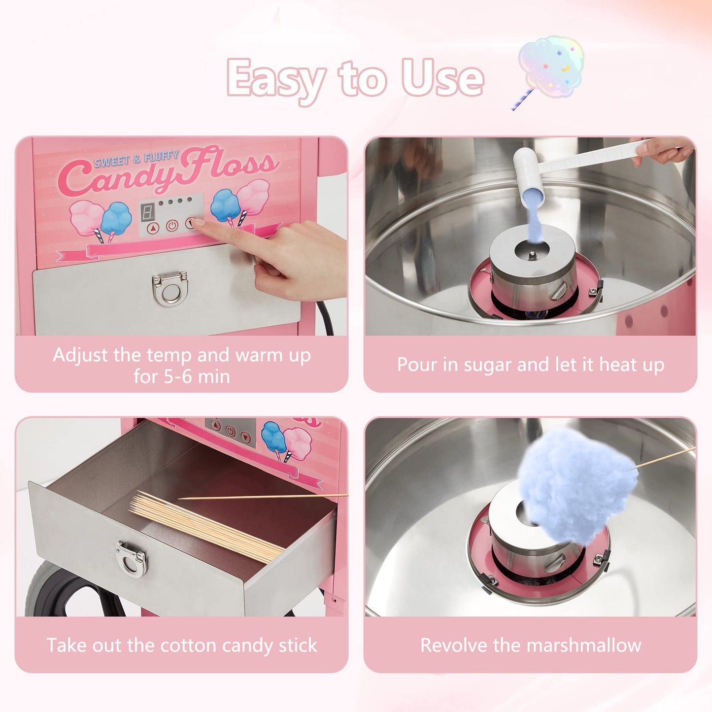 Garvee Extra Large Cotton Candy Cart - Commercial Cotton Candy Machine,Electric Cotton Candy Floss Maker with Drawer, 20 in Stainless Steel Bowl Perfect for Commercial Use Home Party Carnival