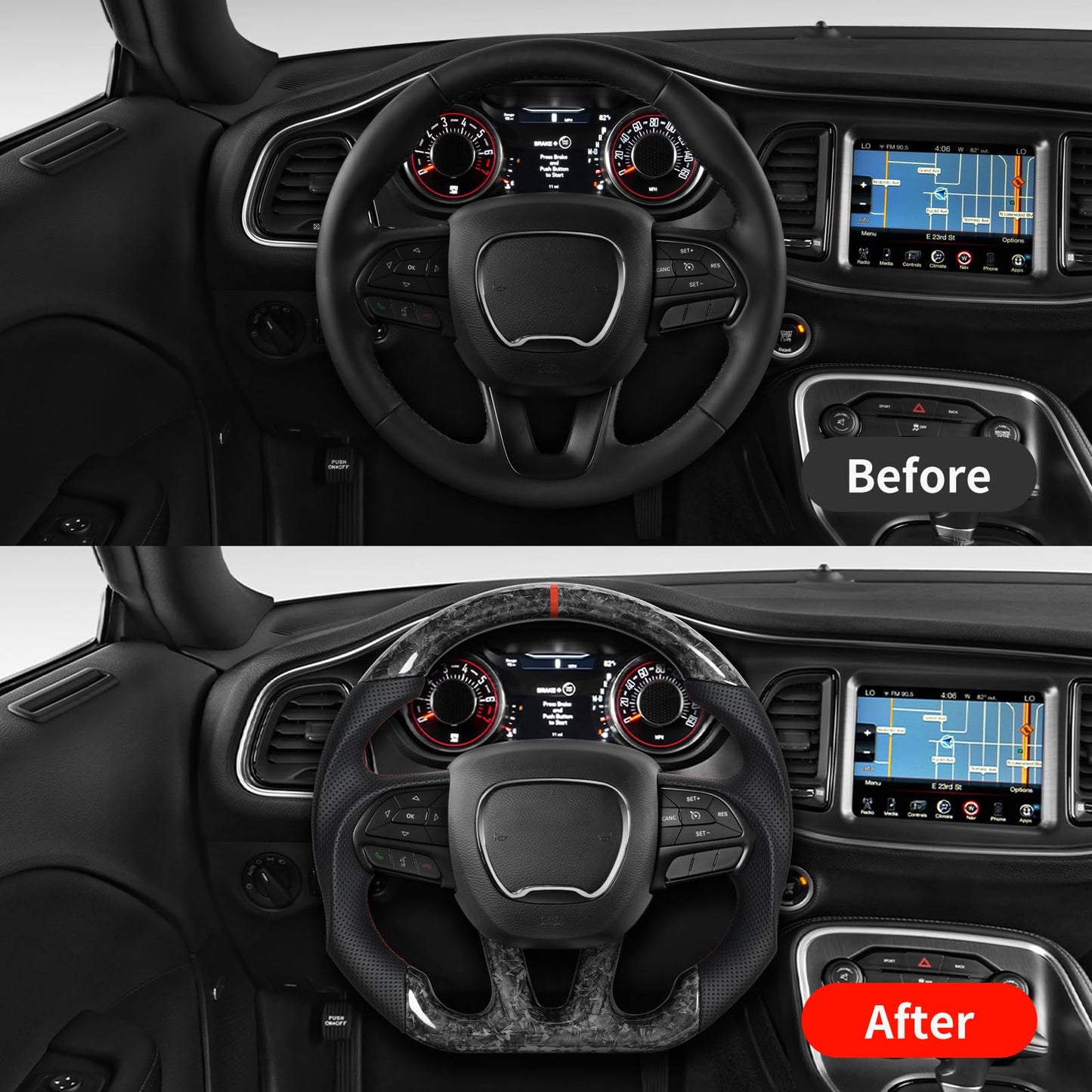 JIANGGAI D-shaped Flat-bottom Steering Wheel with Heated, Preforated Leather Grip Forged Carbon Fiber Steering Wheel Compatible with Dodge Challenger/Charger 2015-2024