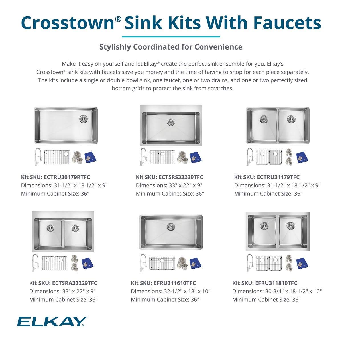 Elkay Crosstown 16 Gauge Stainless Steel 30-3/4" x 18-1/2" x 10" Equal Double Bowl Undermount Sink Kit with Faucet