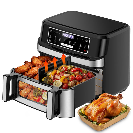 Emphsism 1600W Dual Zone Air Fryer Oven,12.69QT with Divider,Nonstick & Dishwasher-Safe Basket,Match Cook & Smart Finish to Roast,Recipes for Easy Cooking,Digital Touchscreen,Metal Sliver