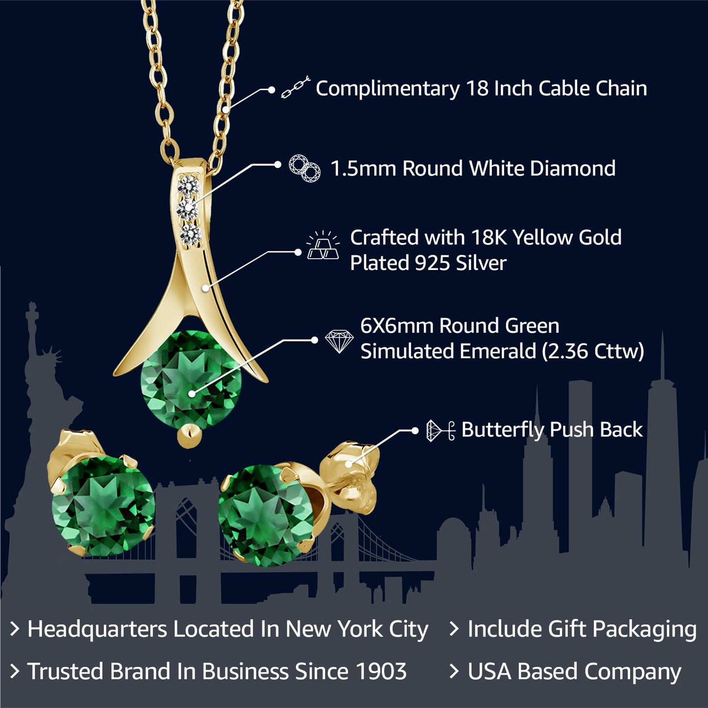 Gem Stone King 18K Yellow Gold Plated Silver Simulated Emerald and White Diamond Pendant Earrings Jewelry Set For Women | 2.36 Cttw | With 18 Inch Chain | Fine Jewelry Gifts for Her Mom Women Wife