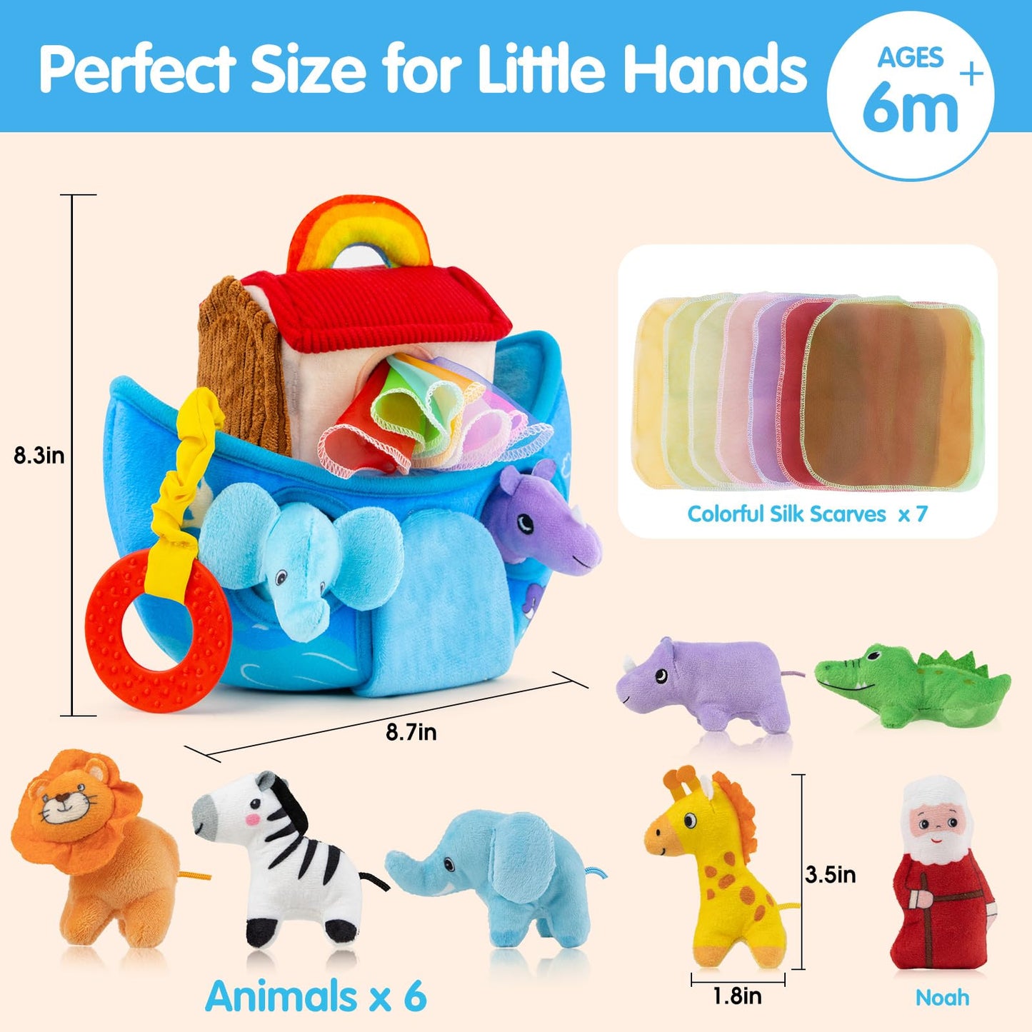 Baby Toys 6-12 Months - Noah's Ark Toy with Stuffed Animals, Baptism Gifts for Boys Girls, Montessori Toys for 6 Month Old Babies Sensory Tissue Box Toy for 1 Year Old