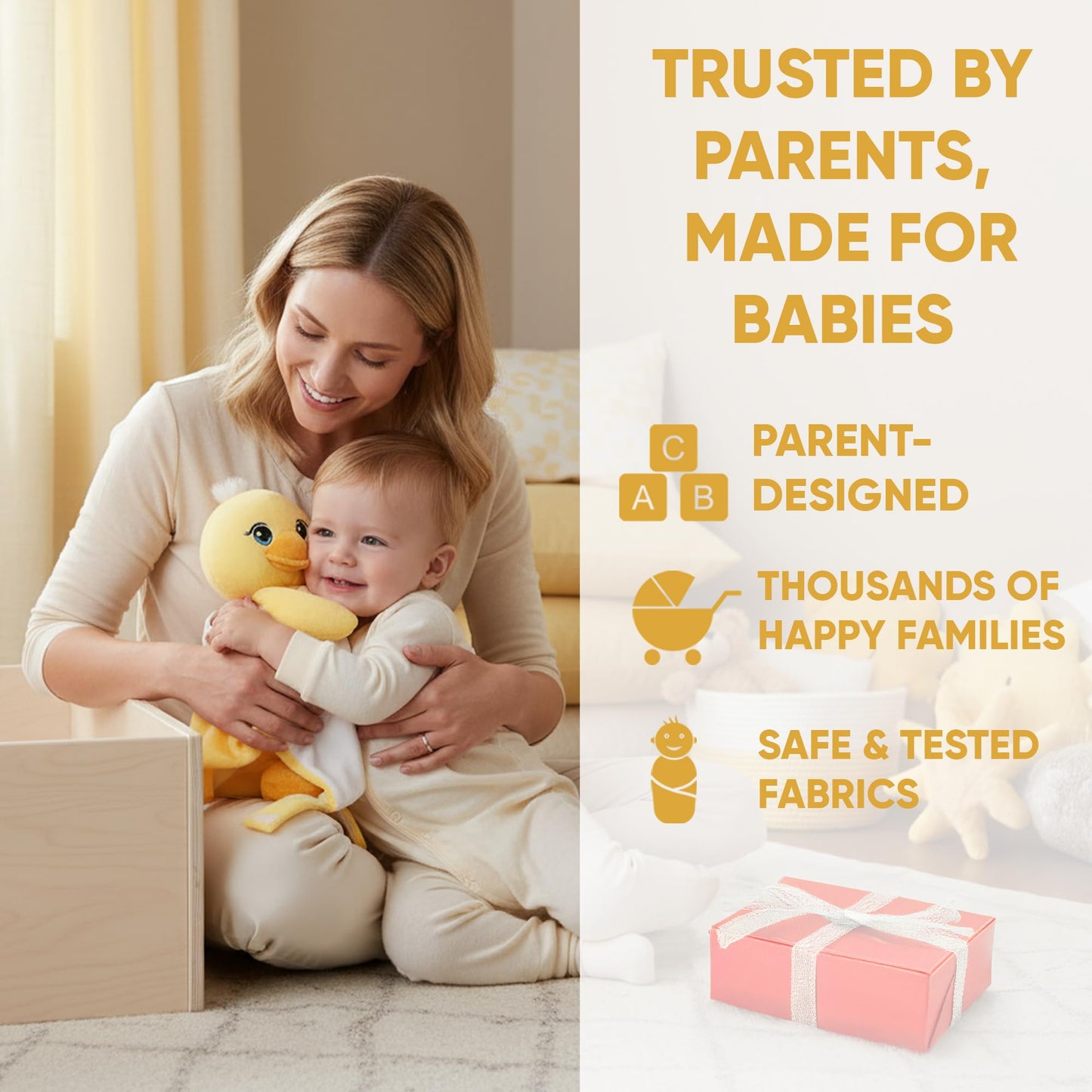 Love By Emi 4 in 1 Baby Lullaby Sleep Soother Toy - Stuffed Animal Sound Machine & Pacifier Holder | Heartbeat White Noise & Music | Plush Yellow Duck Lovey Sleep Aid Security Blanket (0-3 Years)