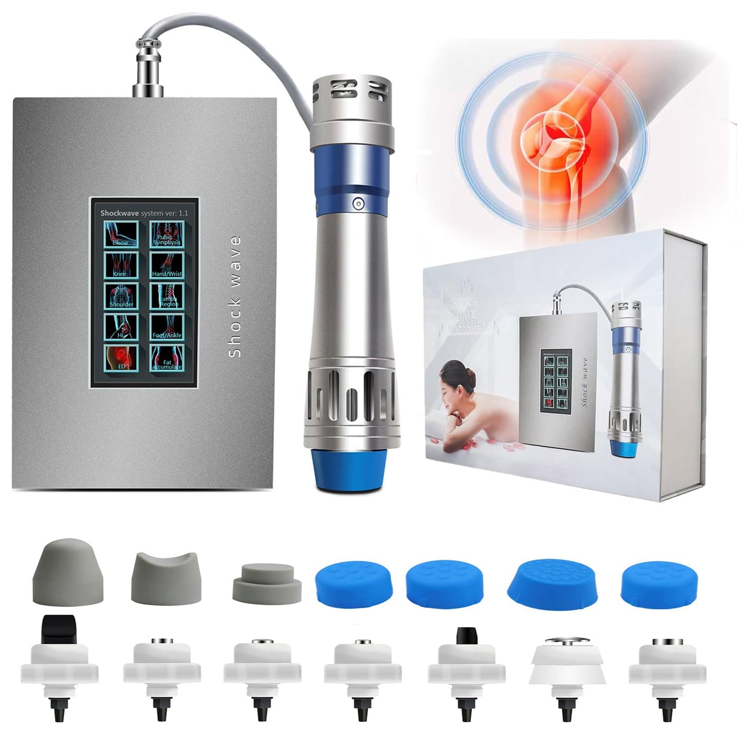 Generic Shockwave Therapy Machine Extracorporeal Shock Wave Therapy Device 7in1 Focused Shockwave Therapy Machine Pain Relief at Home for Body Feet Knees, Silver
