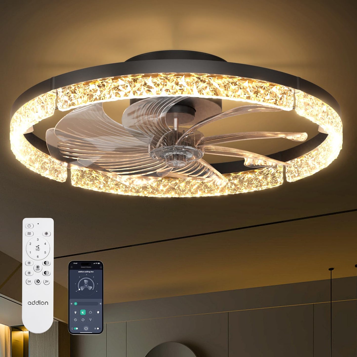 addlon Ceiling Fans with Lights and Remote, 20'' Low Profile Ceiling Fans, 3000-6000K Dimmable Modern Flush Mount LED Fan Light, Fandelier Ceiling Fan for Bedroom, Kitchen, Living Room, Black