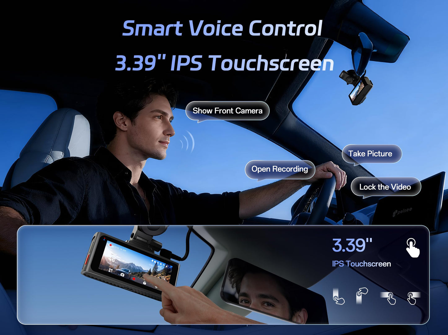 Pelsee S3 Touch 4K Dash Cam Front and Rear, STARVIS 2 Sensor, STARLIT™ Full Color Night Vision, 128GB Card, WiFi 6, ADAS, Dash Camera for Cars with 3.39"IPS Screen, Voice Control, 24H Parking Mode GPS