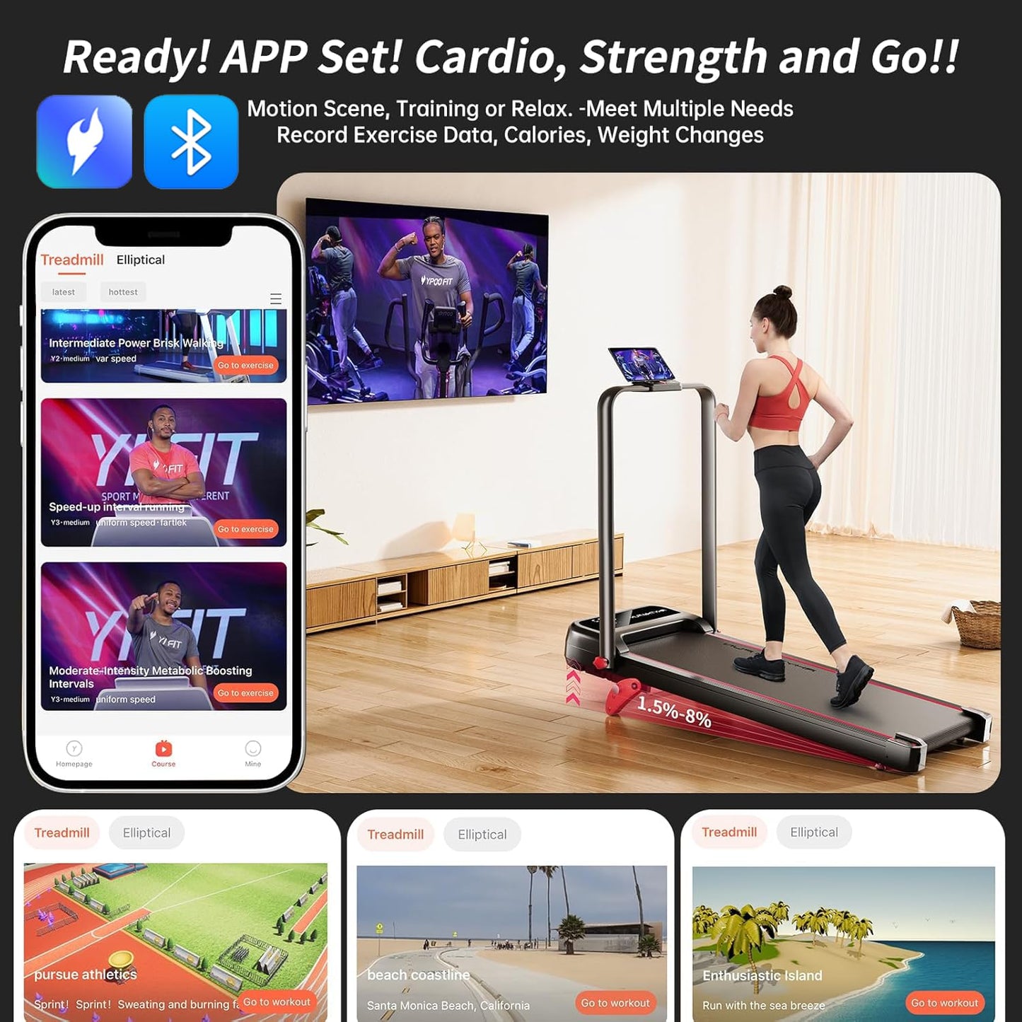 RHYTHM FUN Treadmill with Incline, Walking Pad with Handle Bar,300lbs Walking Pad with APP, Portable Folding Walking Treadmills for Home/Office with Low Noise