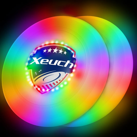 Xeuch 2 Pack Flying Disc, Glow Frisbee with 30 RGB LEDs, 16 Light Modes and 4 Brightness, 6-Hour Playtime, Built-in Timer & Sensor, 175g - Christmas, Birthdays Gifts for Men/Boys/Teens/Kids
