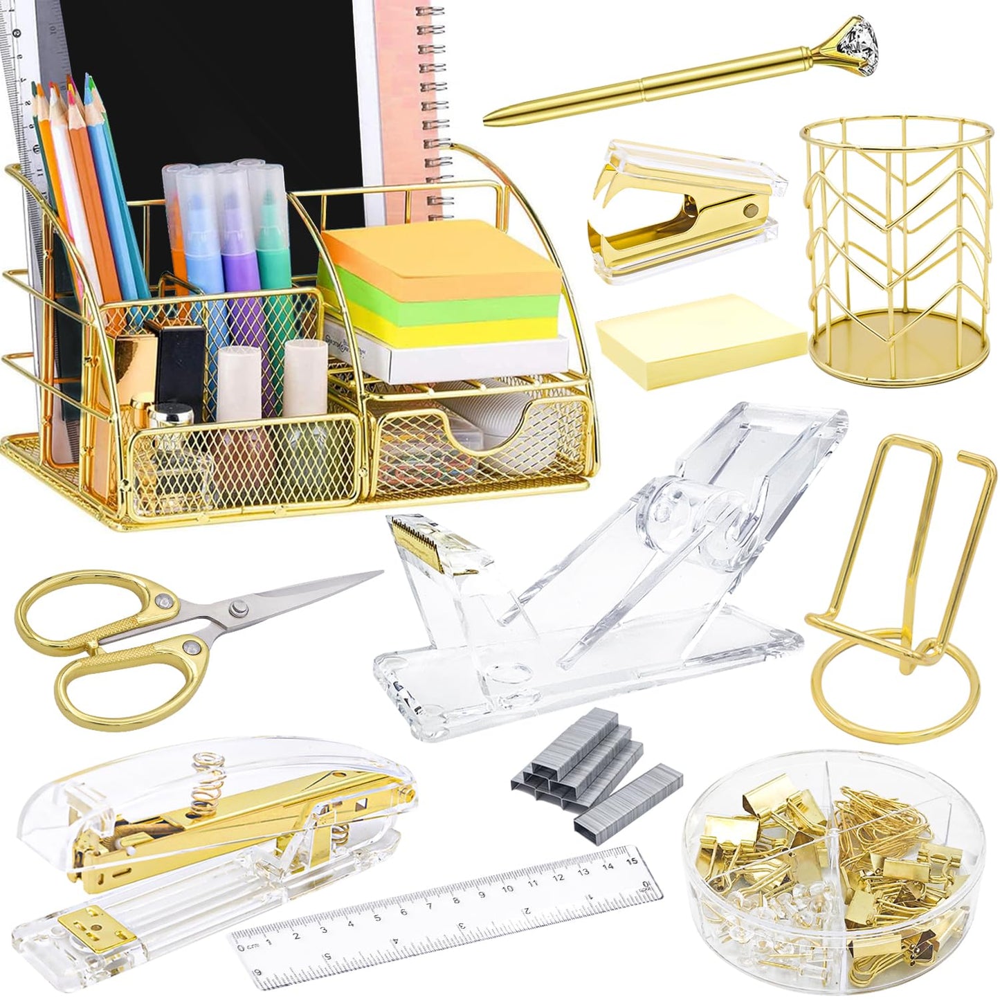 Gold Desk Organizers and Accessories,Office Supplies for Desk,13PS Set with Acrylic Stapler,Tape Dispenser,Staple Remover,Pen Holder,Clips,Scissor, Phone Holder,Pen