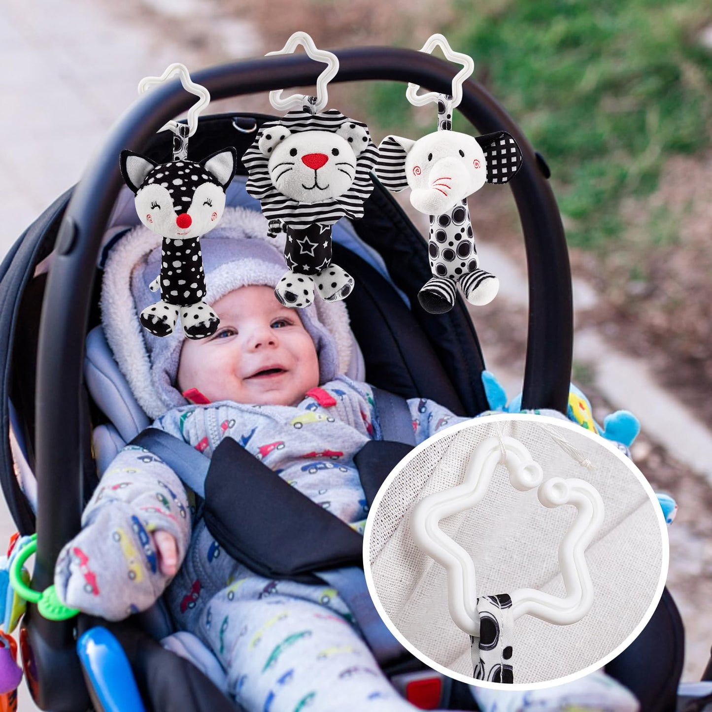 JINBOBUBU Black & White Baby Wind Chime Hanging Toys - High Contrast Rattles for Newborns 0-12 Months, Stroller & Car Seat Mobile, Hanging Rattle Toys for Babies, Clip Hanging Plush Squeeze Toys