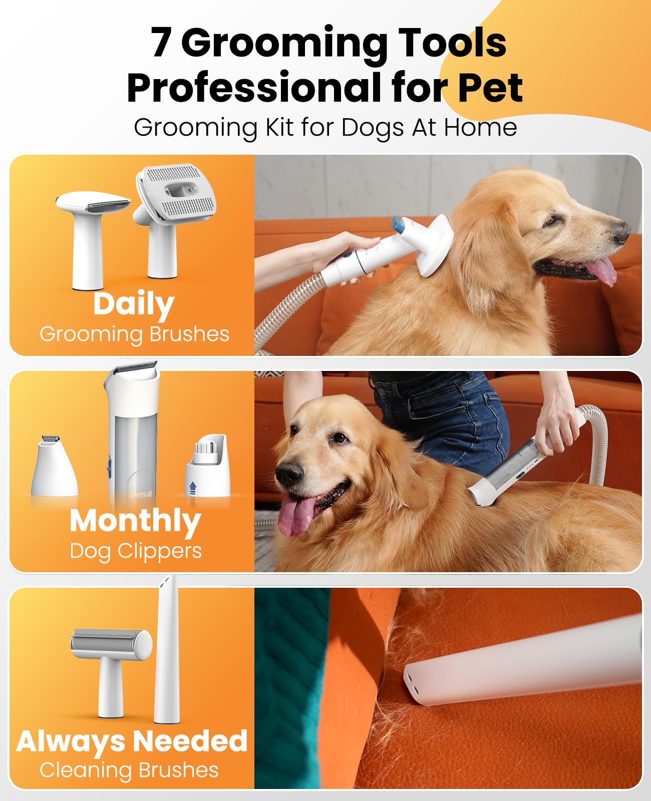 oneisall Dog Grooming Vacuum, 13000Pa Powerful 3L Dust Cup Pet Vacuum with Clipper Nail Grinder & Shedding Brush, 7 in 1 Dog Grooming Kits, Quiet, Large Capacity 3 Suction Levels, BM3