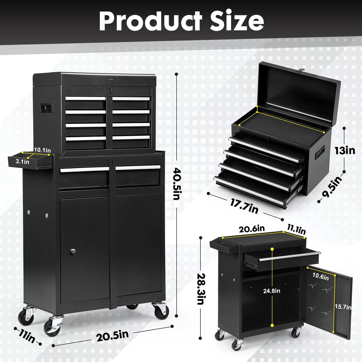 Dawmilon 5-Drawer Rolling Tool Chest with Detachable Top Box, Lockable Wheels, Adjustable Shelf, and Liner, Heavy-Duty Metal Tool Cart for Garage and Workshop Storage, Black