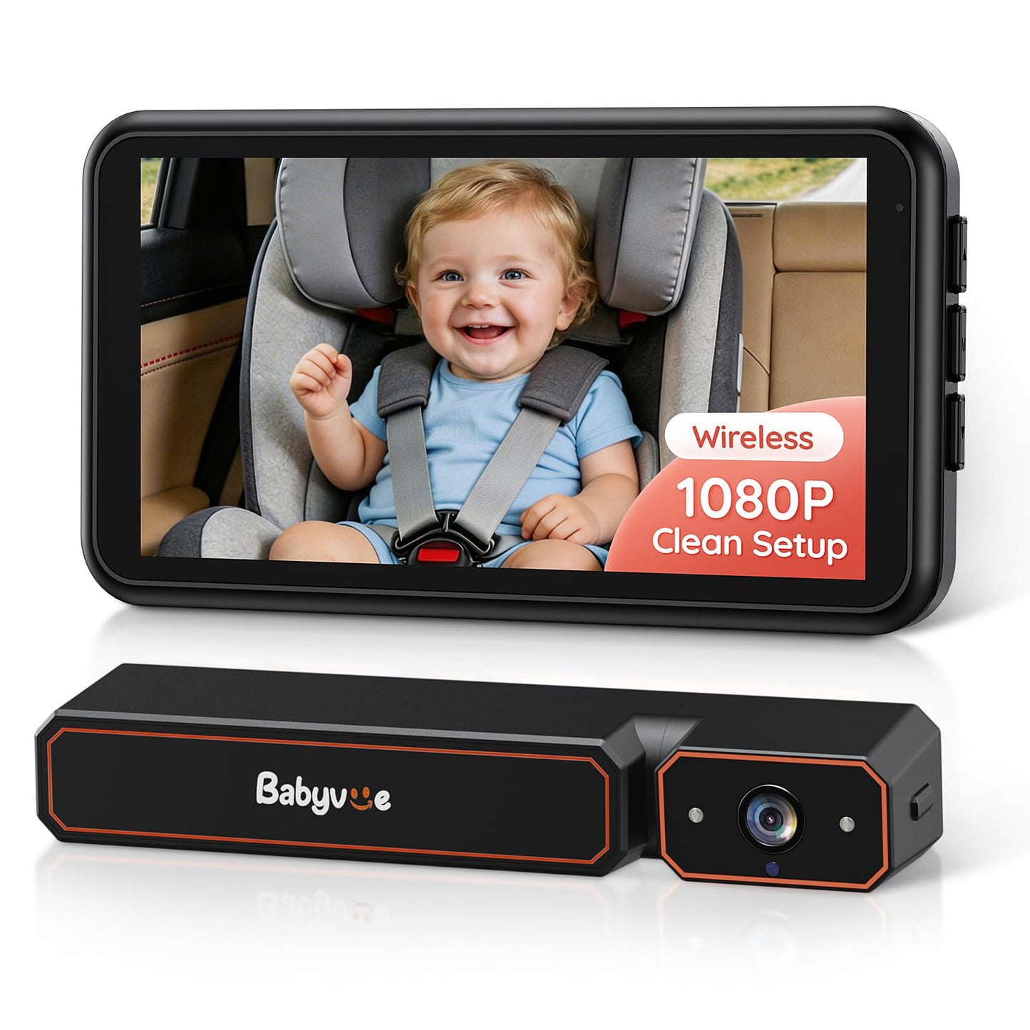Babyvue Wireless Baby Car Camera, Easy 2-Step Setup, 5.2" Display, 1080P HD IR Night Vision, Clip-On or Strap Mount, 3X Zoom, Back Seat Camera for Baby