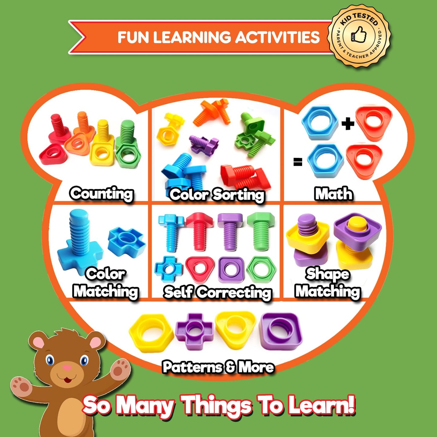 Jumbo Nuts and Bolts For Toddlers - Fine Motor Skills Rainbow Matching Game Montessori Toys For Toddlers & Toddler Games | 12 pc Occupational Therapy Educational Toys with Toy Storage + eBook