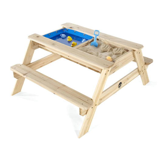 Plum® Surfside Wooden Sand and Water Picnic Table - Sensory Table Activity for Kids, Toddler Summer Outdoor Toys, Sturdy Sandbox with Removable Lid, Easy to Clean, Backyard Games for Kids 2+ Years Up