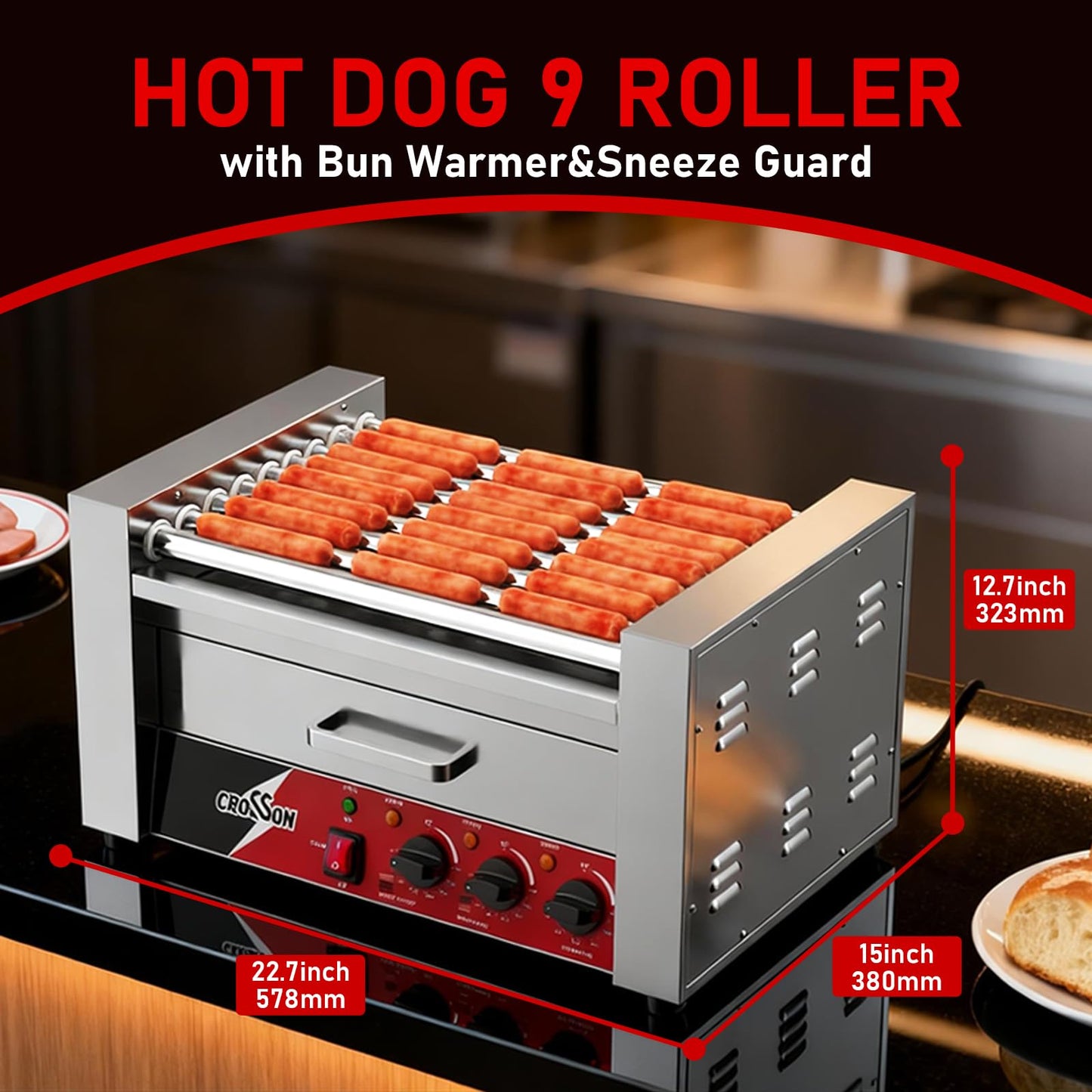 CROSSON Hot Dog Roller 9 Rollers 24 Hot Dogs,1750W Hot Dog Grill Cooker Machine with Bun Warmer,Three Temp Control Commercial 9 Nonstick 304 Roller