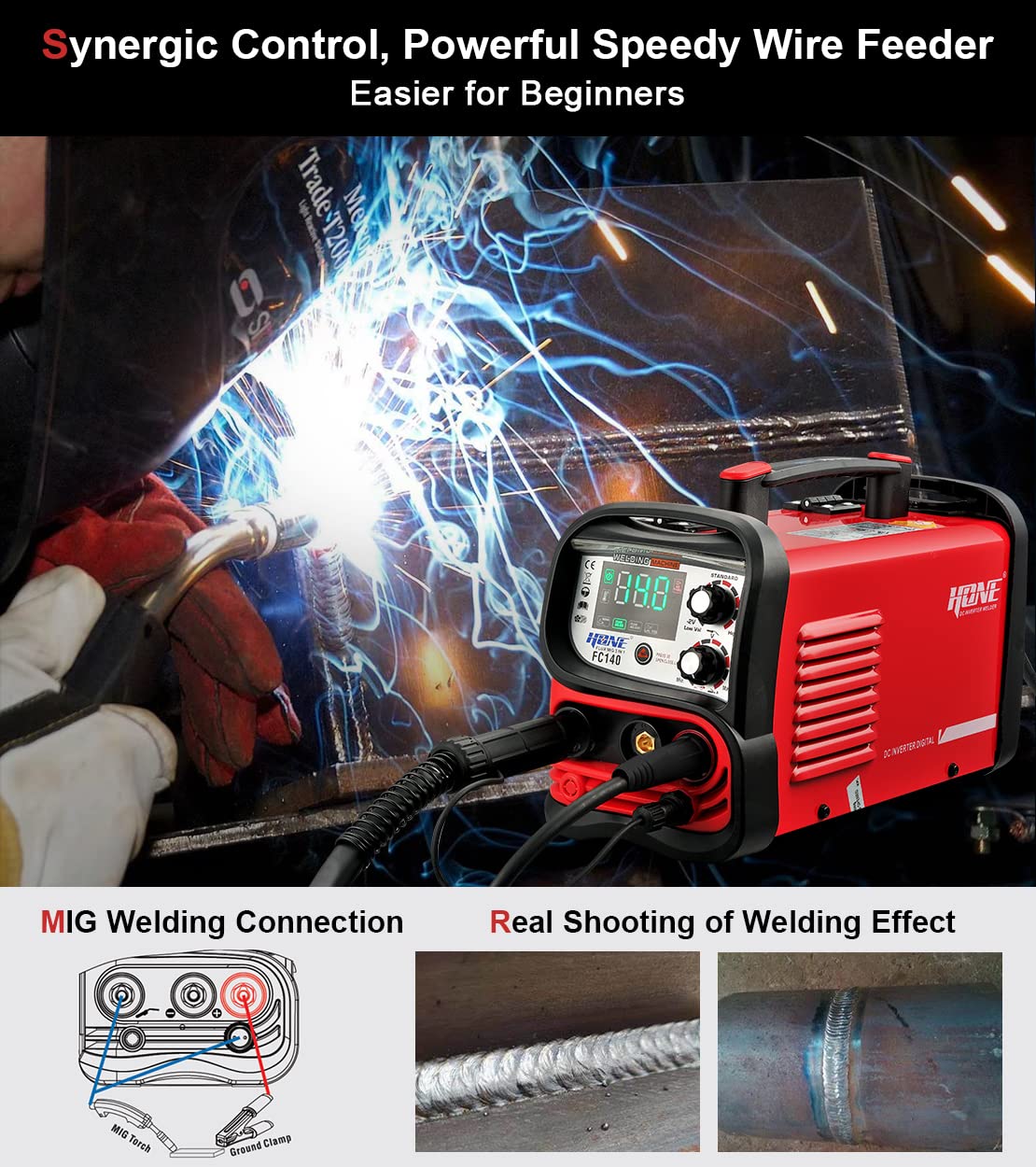 HONE Flux Core Welder, Actual 140Amp MIG Welder 110V, 3 in 1 Synergic Gasless Wire Welder/Stick Welder/Lift TIG Welding Machine, IGBT Inverter with Large LED Display and 2lb Welding Wire.