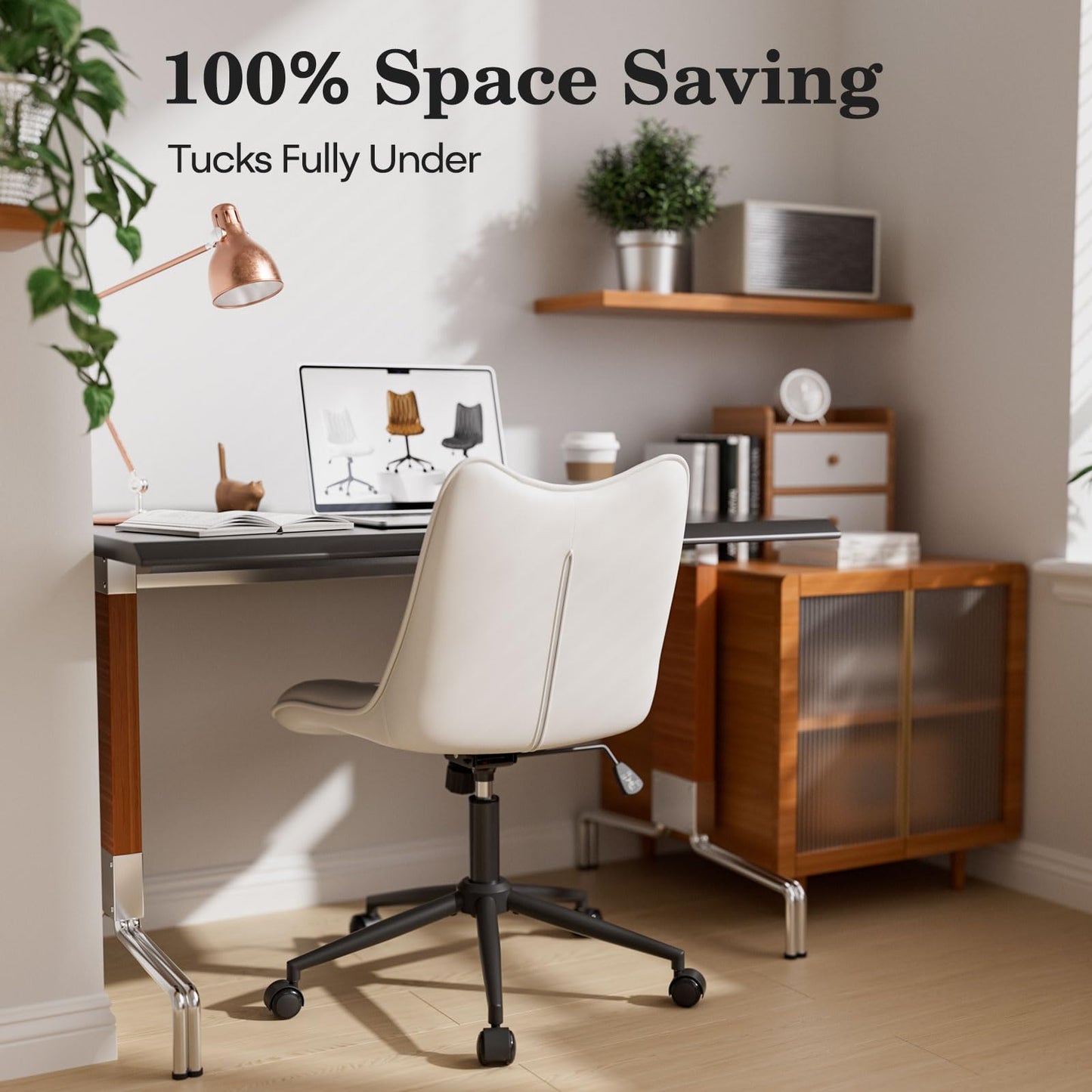Bananister Armless Office Chair, Desk Chair No Arms, Adjustable Swivel Rolling Task Chair with Wheels, Faux Leather Upholstered, Compact for Small Space Home Office & Bedroom Vanity, White
